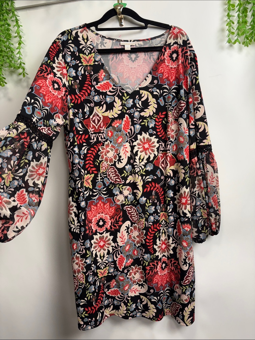 Floral V-Neck Bell Sleeve Tunic Dress - Black with Red & Cream Floral